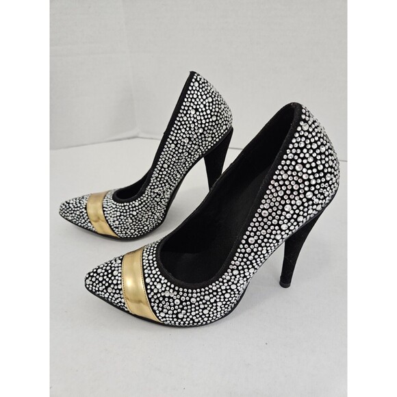 Black Faux Suede Pumps Covered In Rhinestones With Goldtone Band Size EU 3 US 7 - Picture 2 of 7
